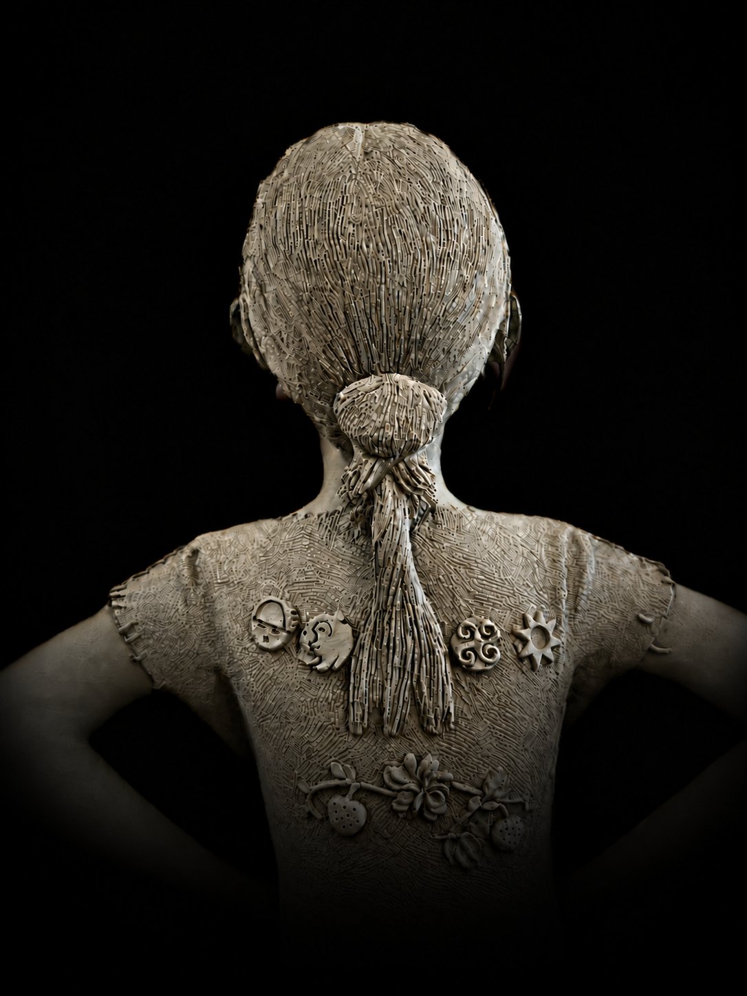 A first glimpse of Ascending Girl from behind, showing her braided hair and symbols on her dress.